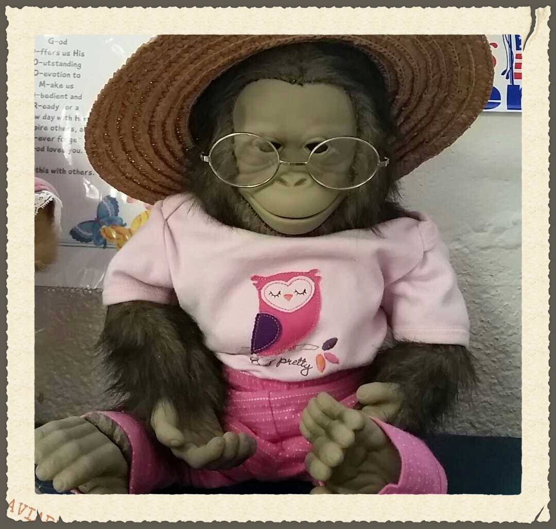 Our little thrift shop monkey mascot!